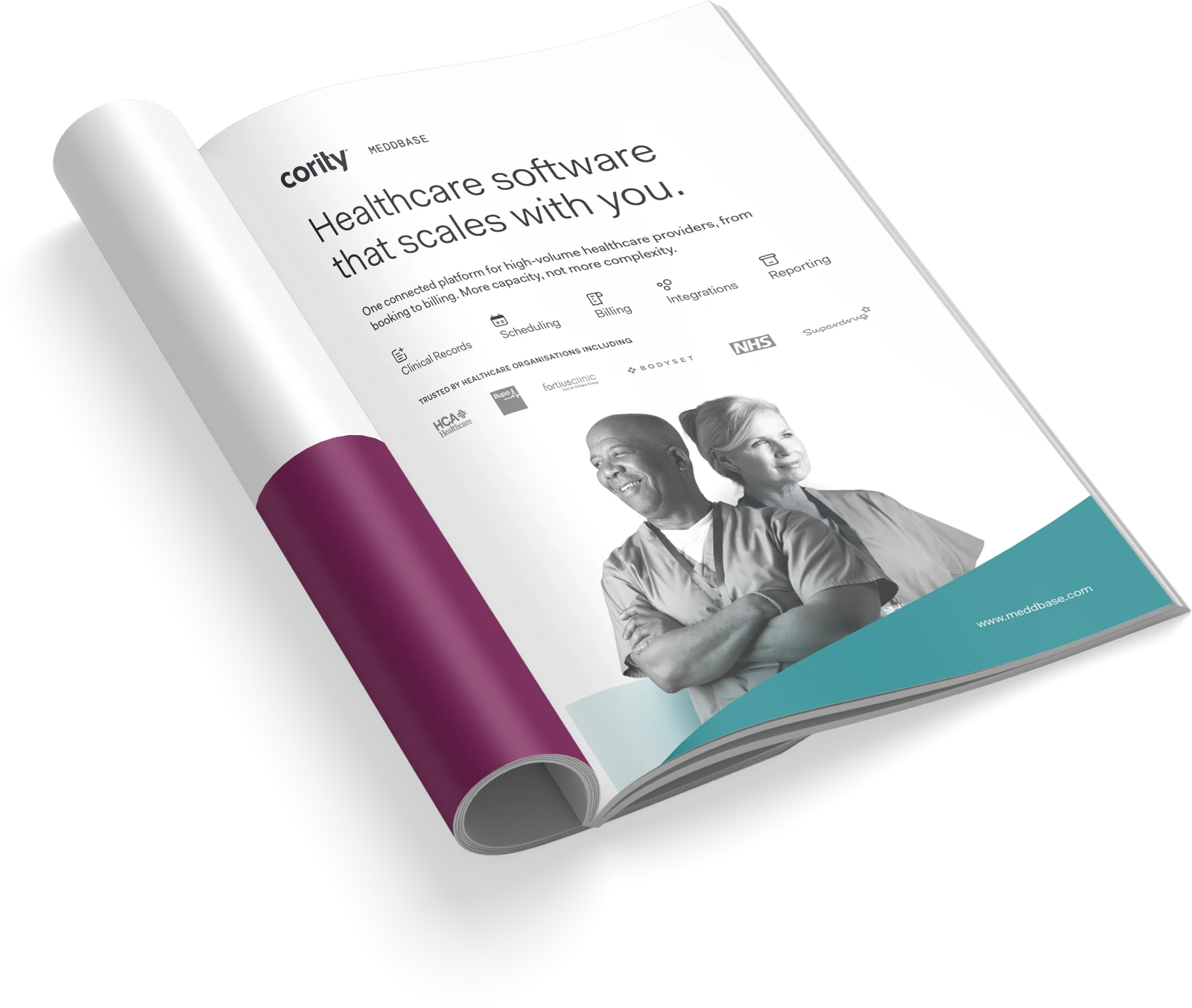 The press ad shown in a rolled magazine: Healthcare software that scales with you — one connected platform for high-volume healthcare providers, from booking to billing; capability marks for clinical records, scheduling, billing, integrations and reporting; the client logos; and meddbase.com on a teal wedge.