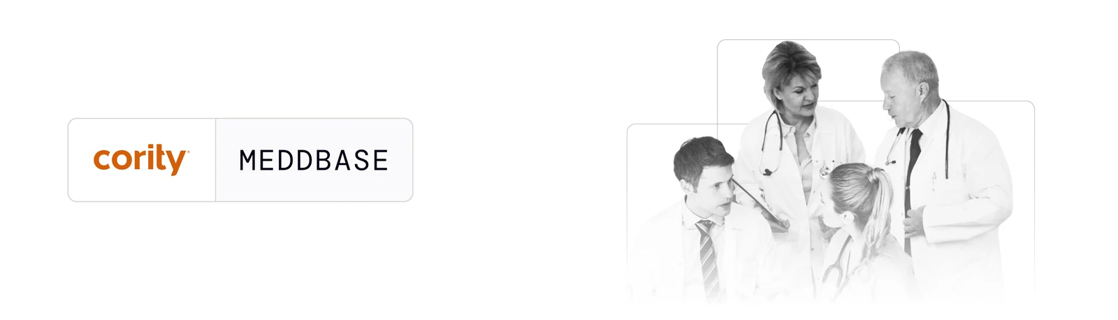 The confirmation email banner, option one: the Cority Meddbase lockup at the left, a knocked-out group of four clinicians at the right.