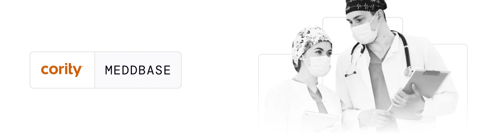 The confirmation email banner, option two: two masked clinicians reading a chart.