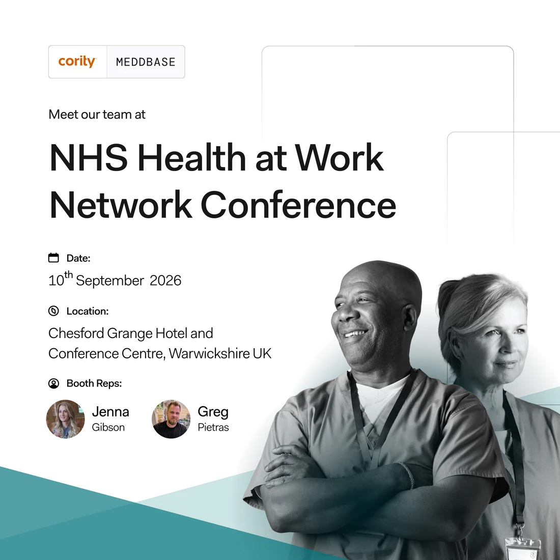 A square event post: Meet our team at the NHS Health at Work Network Conference, 10th September 2026, Chesford Grange Hotel and Conference Centre, Warwickshire UK, with booth reps Jenna Gibson and Greg Pietras.