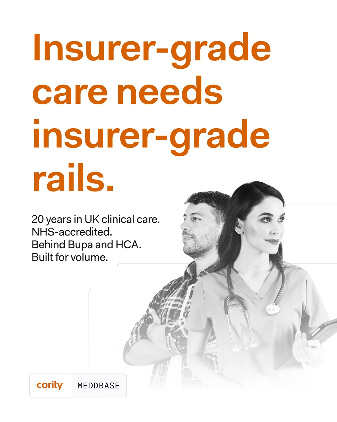 A single post: Insurer-grade care needs insurer-grade rails. 20 years in UK clinical care, NHS-accredited, behind Bupa and HCA, built for volume.