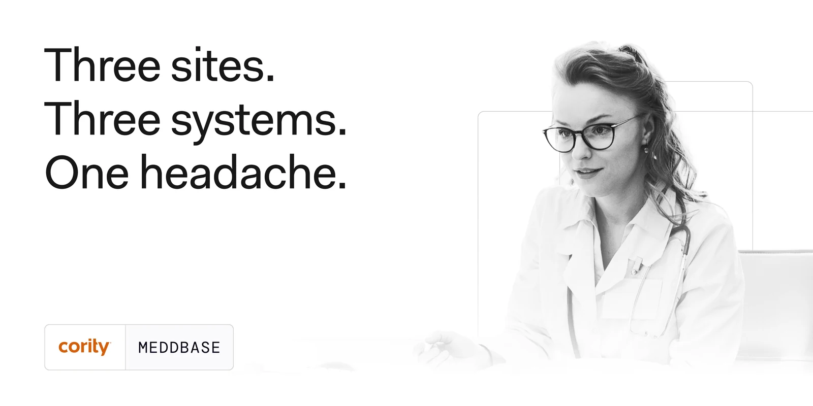 A seven-slide carousel: Three sites. Three systems. One headache — the record stops at each clinic’s front door, reception keys the same patient in twice, reporting means stitching three exports together, every new site multiplies the mess, one record across every site changes the maths, and a UK buyer’s guide to close.