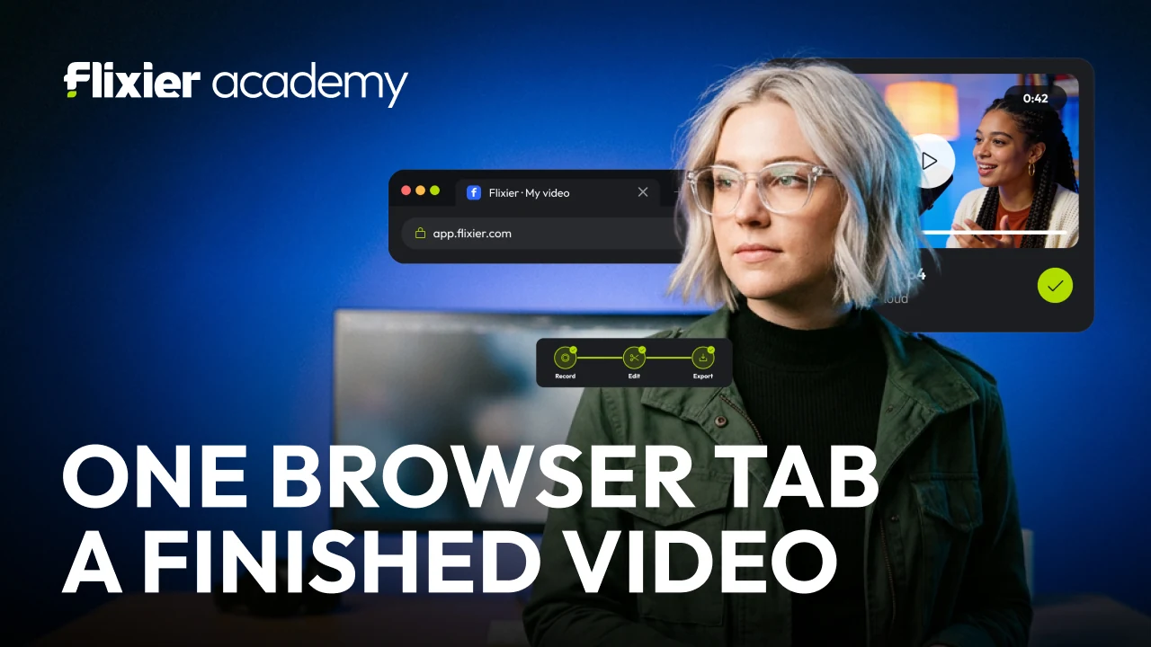 Eight Flixier Academy thumbnails on one construction: one browser tab a finished video; one prompt a finished cut; one script a full voiceover; one voice any language; one product a marketing video; one video a month of content; one video every platform; edit a podcast in one sitting.