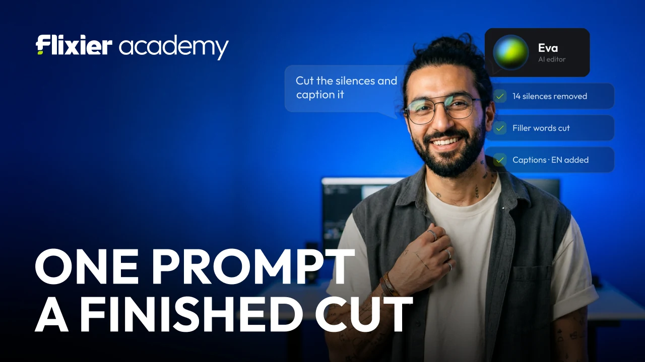 Eight Flixier Academy thumbnails on one construction: one browser tab a finished video; one prompt a finished cut; one script a full voiceover; one voice any language; one product a marketing video; one video a month of content; one video every platform; edit a podcast in one sitting.
