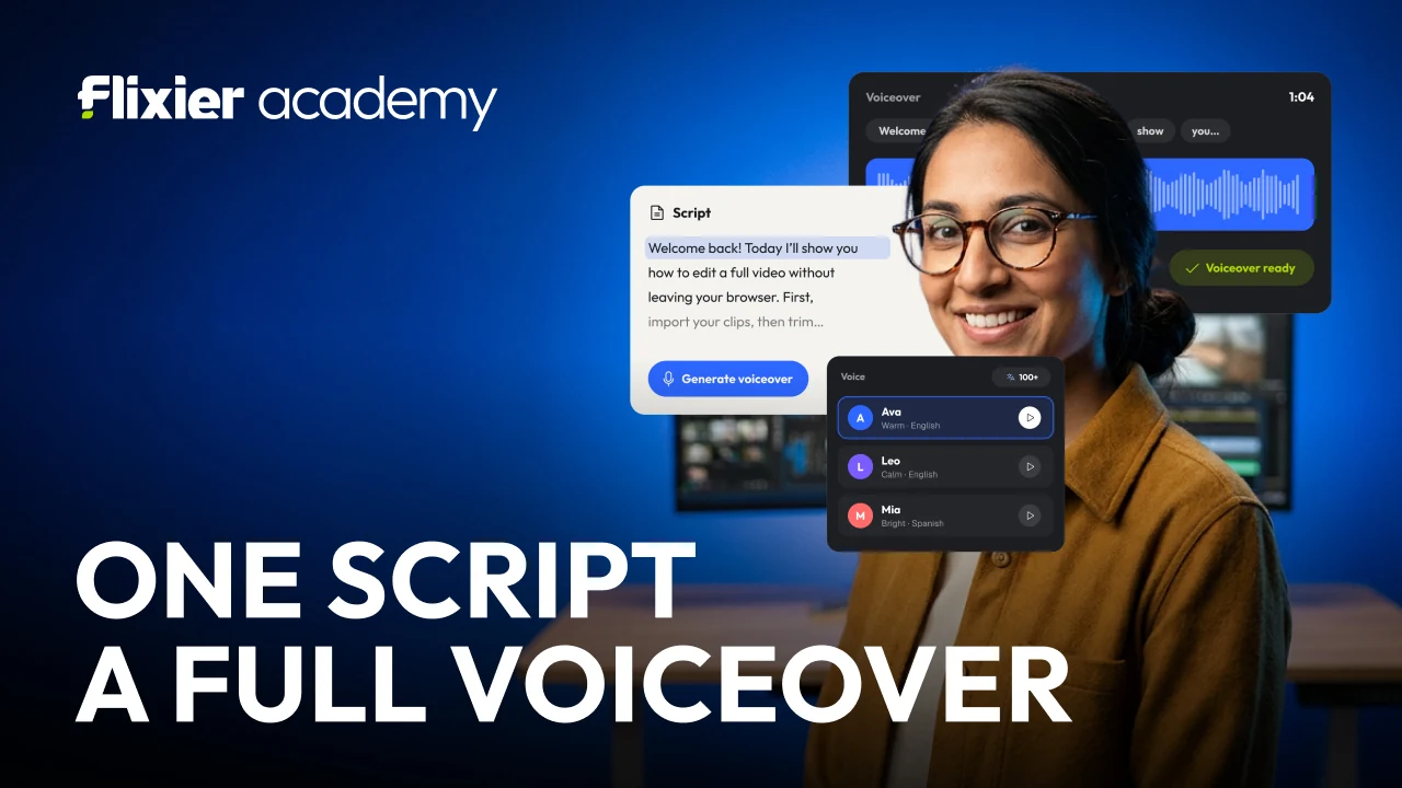 Eight Flixier Academy thumbnails on one construction: one browser tab a finished video; one prompt a finished cut; one script a full voiceover; one voice any language; one product a marketing video; one video a month of content; one video every platform; edit a podcast in one sitting.