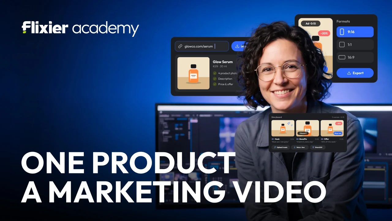 Eight Flixier Academy thumbnails on one construction: one browser tab a finished video; one prompt a finished cut; one script a full voiceover; one voice any language; one product a marketing video; one video a month of content; one video every platform; edit a podcast in one sitting.