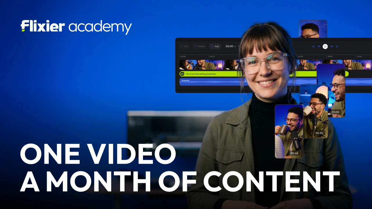 Eight Flixier Academy thumbnails on one construction: one browser tab a finished video; one prompt a finished cut; one script a full voiceover; one voice any language; one product a marketing video; one video a month of content; one video every platform; edit a podcast in one sitting.