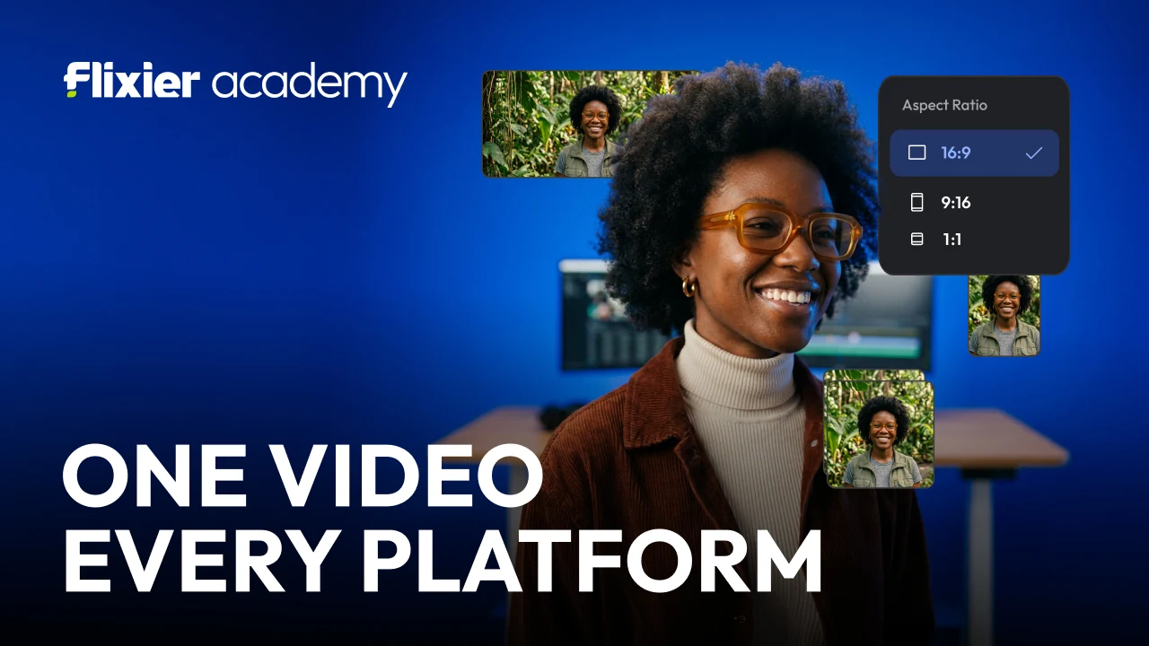 Eight Flixier Academy thumbnails on one construction: one browser tab a finished video; one prompt a finished cut; one script a full voiceover; one voice any language; one product a marketing video; one video a month of content; one video every platform; edit a podcast in one sitting.