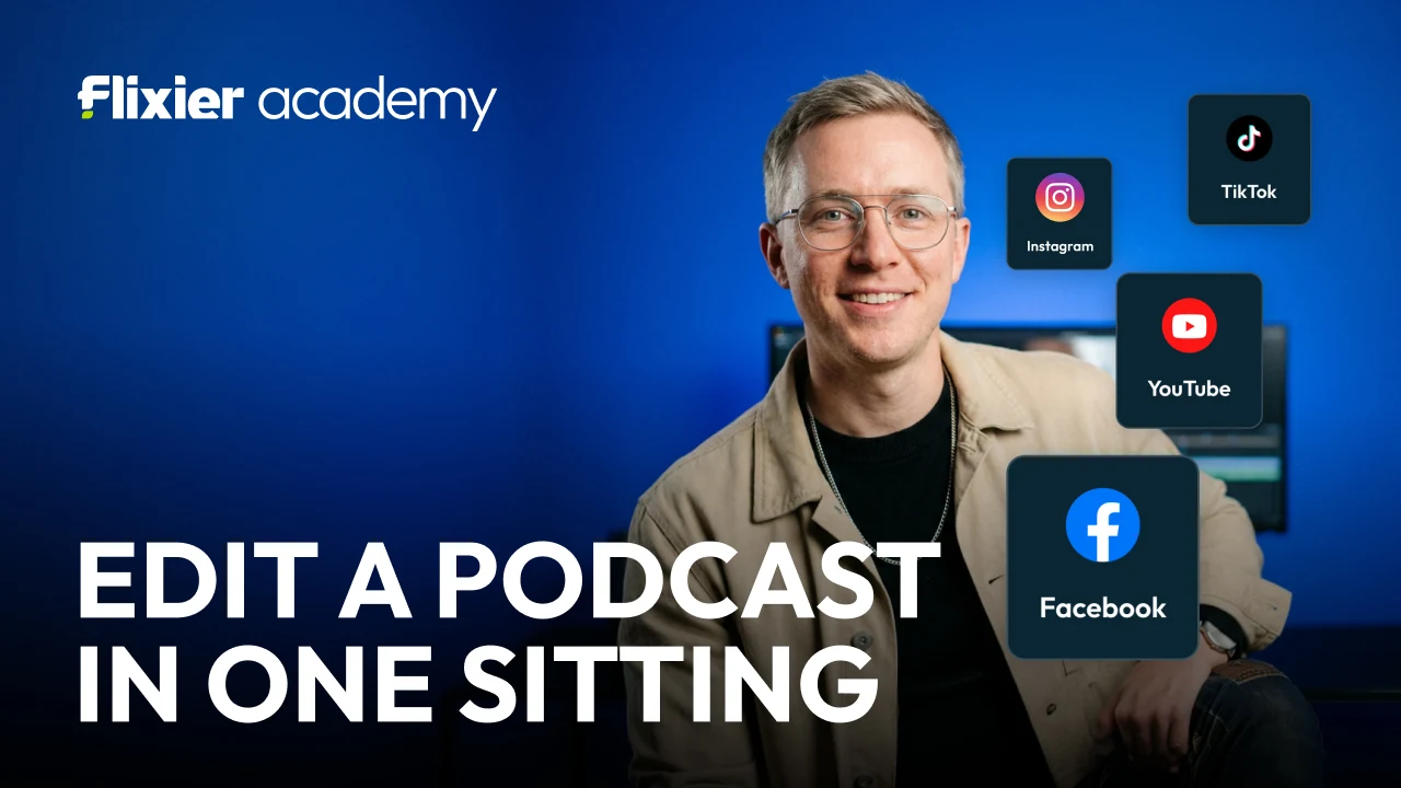 Eight Flixier Academy thumbnails on one construction: one browser tab a finished video; one prompt a finished cut; one script a full voiceover; one voice any language; one product a marketing video; one video a month of content; one video every platform; edit a podcast in one sitting.