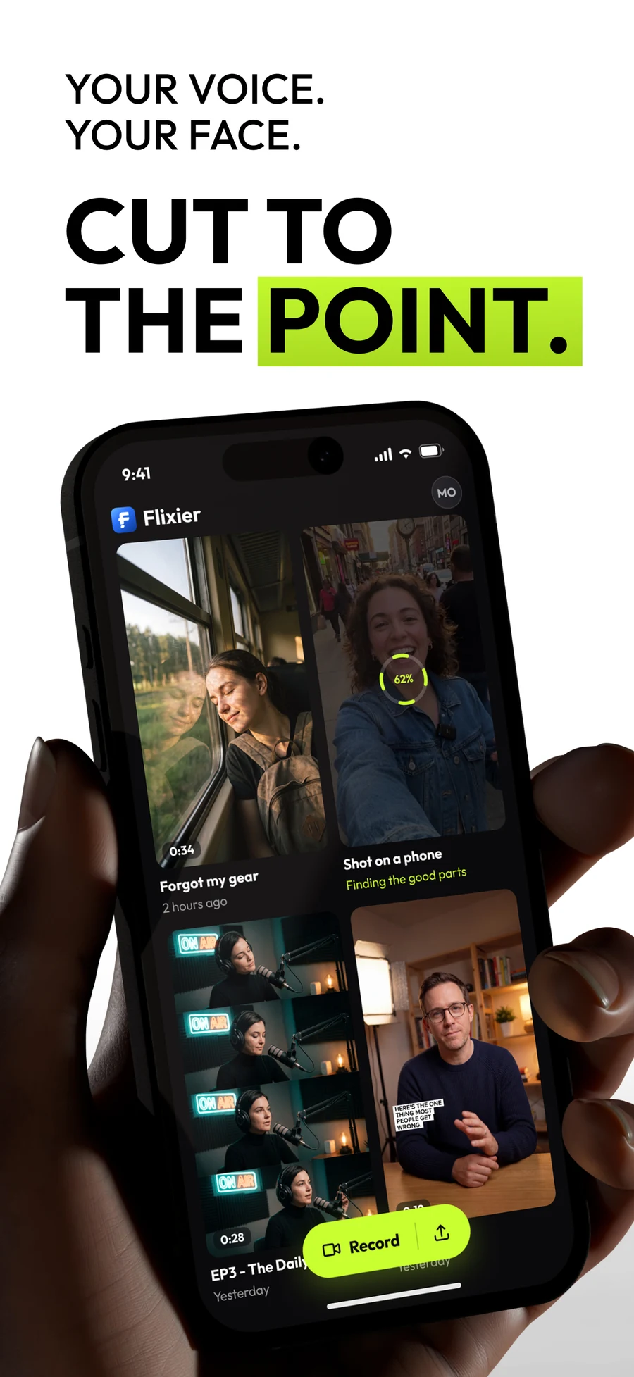 Six Apple App Store screenshots: your voice, your face, cut to the point; removes silence, umms and restarts; word-by-word captions in five styles; writes the hook for your first second; every cut is one tap from undo; clean audio and better light, automatically.