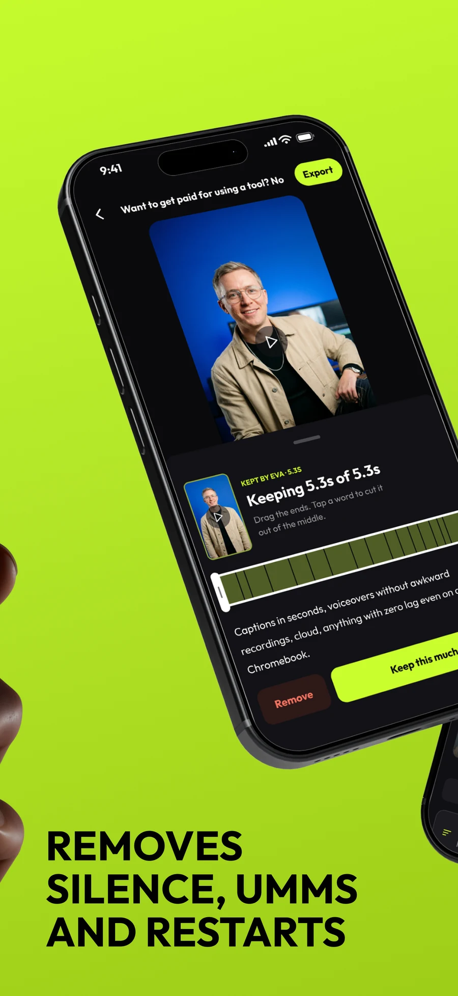Six Apple App Store screenshots: your voice, your face, cut to the point; removes silence, umms and restarts; word-by-word captions in five styles; writes the hook for your first second; every cut is one tap from undo; clean audio and better light, automatically.
