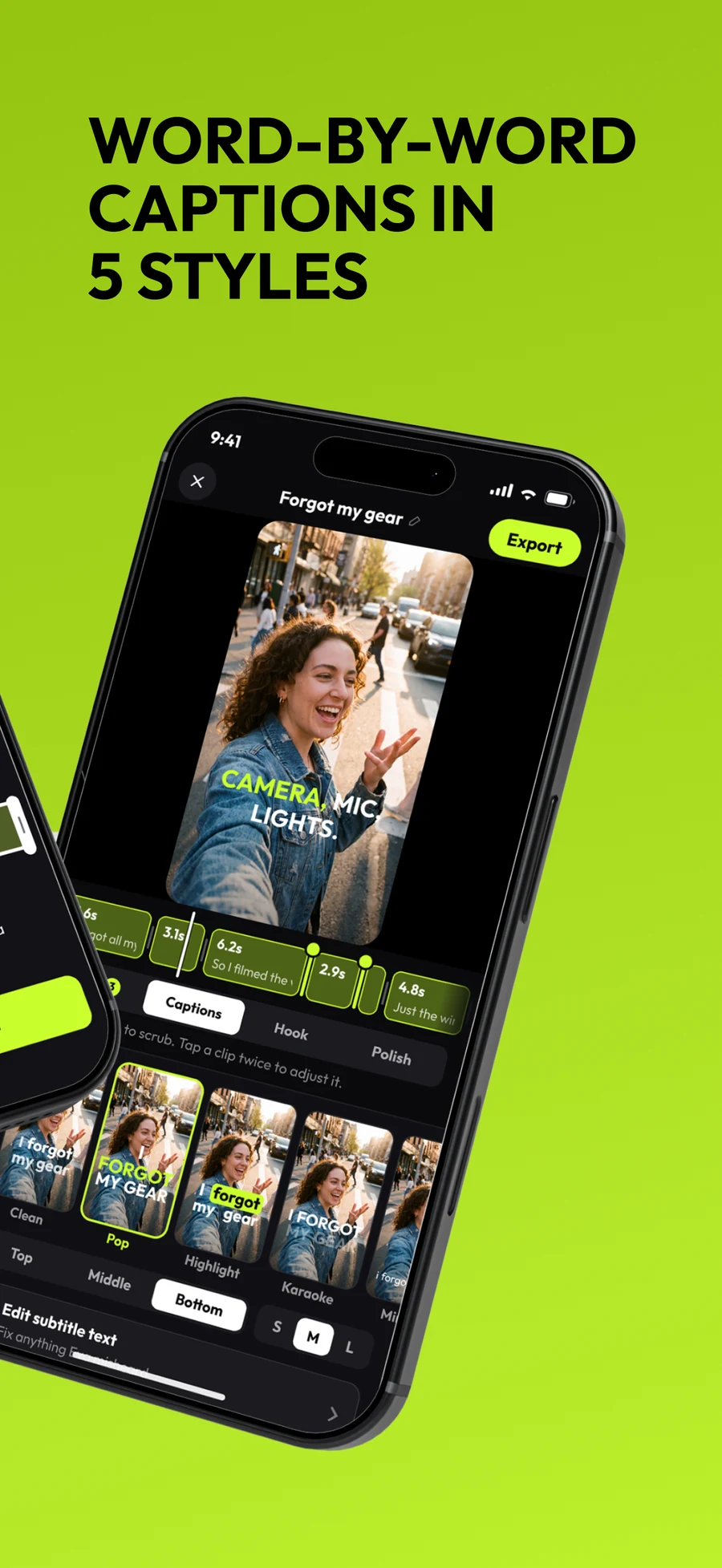 Six Apple App Store screenshots: your voice, your face, cut to the point; removes silence, umms and restarts; word-by-word captions in five styles; writes the hook for your first second; every cut is one tap from undo; clean audio and better light, automatically.