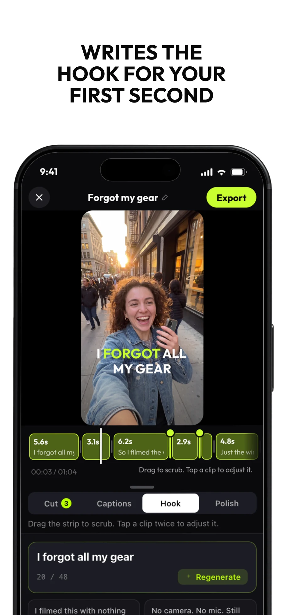 Six Apple App Store screenshots: your voice, your face, cut to the point; removes silence, umms and restarts; word-by-word captions in five styles; writes the hook for your first second; every cut is one tap from undo; clean audio and better light, automatically.
