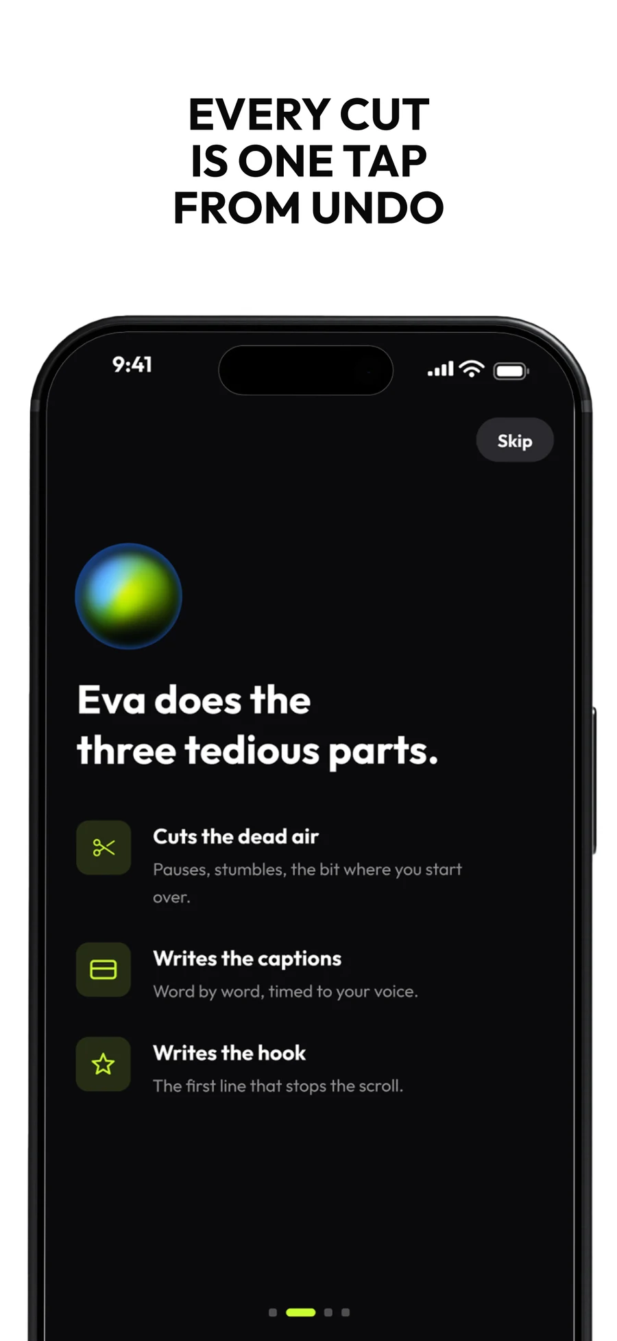 Six Apple App Store screenshots: your voice, your face, cut to the point; removes silence, umms and restarts; word-by-word captions in five styles; writes the hook for your first second; every cut is one tap from undo; clean audio and better light, automatically.