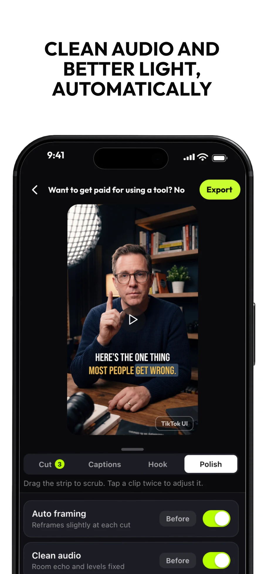 Six Apple App Store screenshots: your voice, your face, cut to the point; removes silence, umms and restarts; word-by-word captions in five styles; writes the hook for your first second; every cut is one tap from undo; clean audio and better light, automatically.