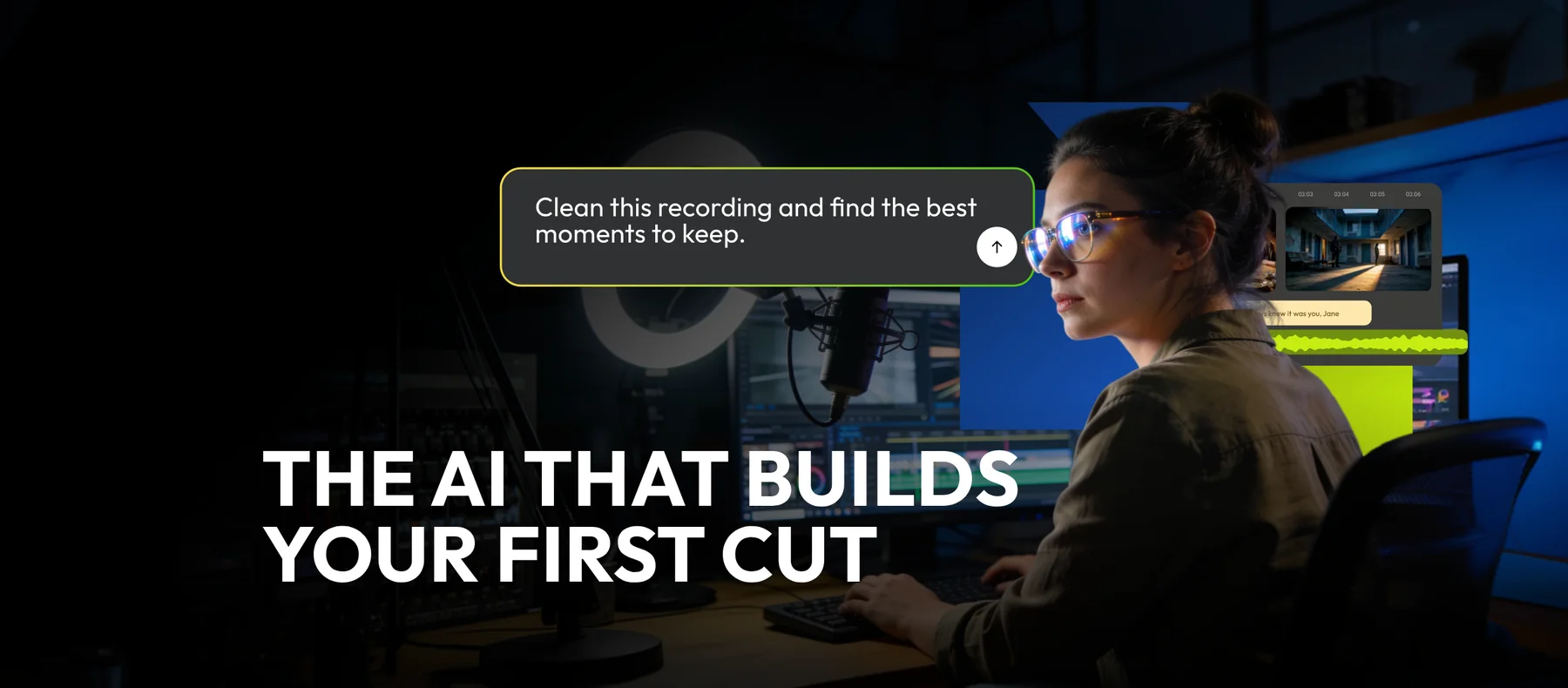 Two Facebook covers on the same line, The AI that builds your first cut: one on the cobalt gradient with the Eva panel and its checklist of silences removed, filler words cut and captions added; one in the dark edit suite with the prompt clean this recording and find the best moments to keep.