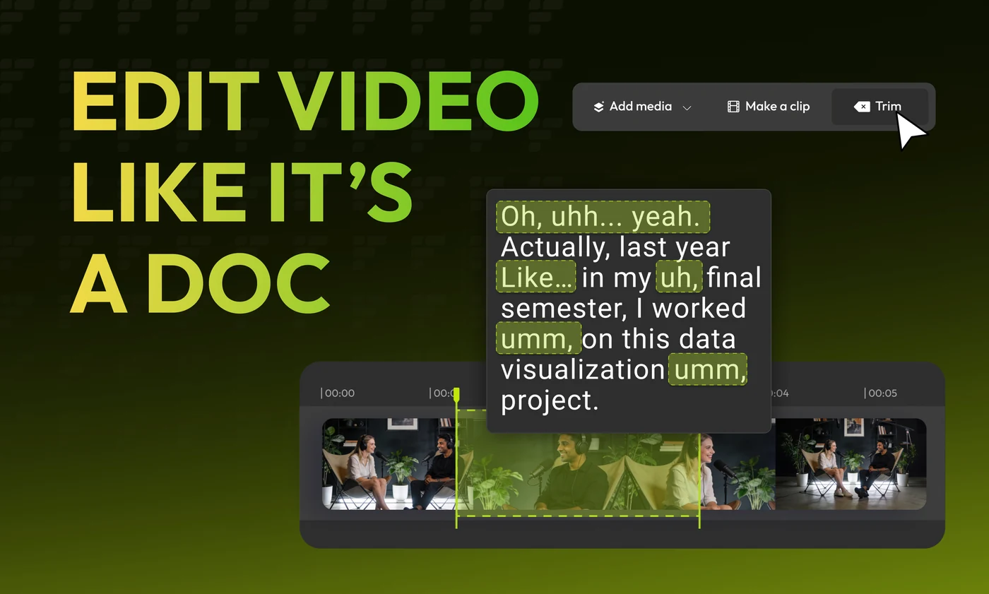 A four-card carousel on text-based editing: edit video like it’s a doc; cut the video by editing the text; remove filler words and pauses; turn selected paragraphs into short clips.