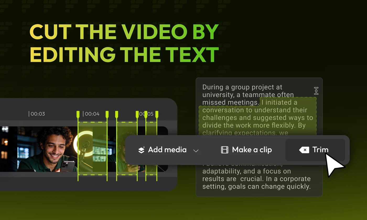 A four-card carousel on text-based editing: edit video like it’s a doc; cut the video by editing the text; remove filler words and pauses; turn selected paragraphs into short clips.