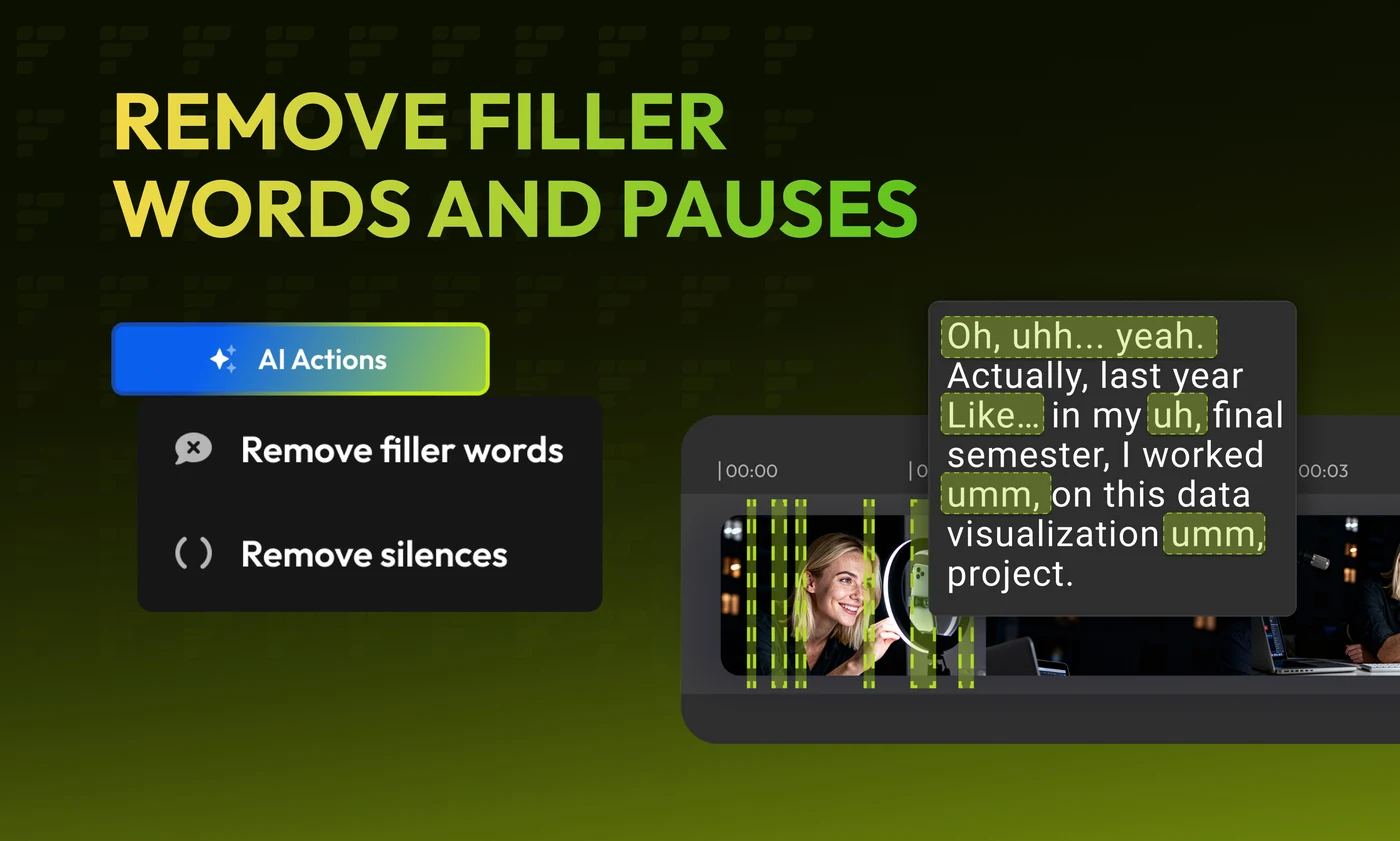 A four-card carousel on text-based editing: edit video like it’s a doc; cut the video by editing the text; remove filler words and pauses; turn selected paragraphs into short clips.