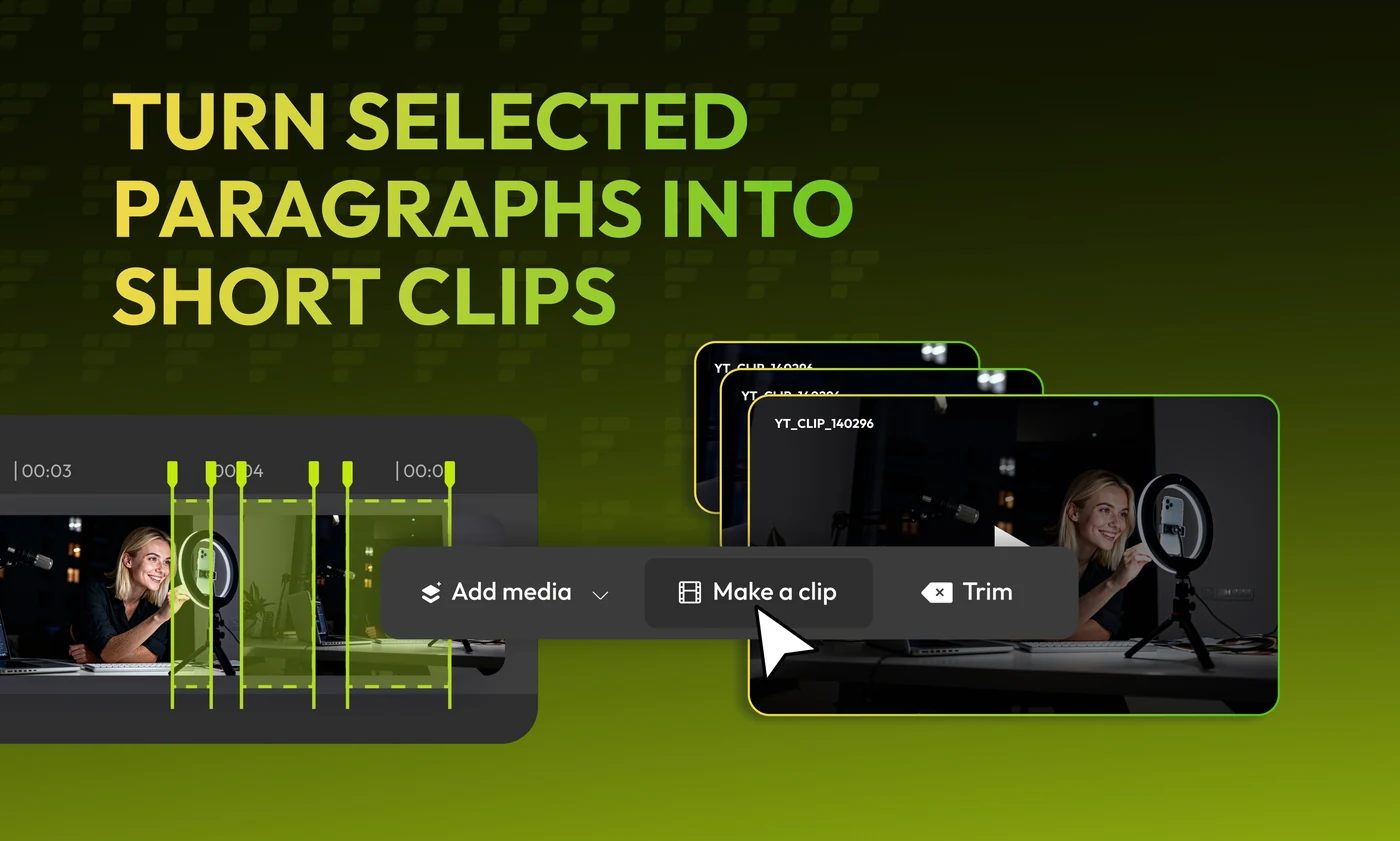 A four-card carousel on text-based editing: edit video like it’s a doc; cut the video by editing the text; remove filler words and pauses; turn selected paragraphs into short clips.