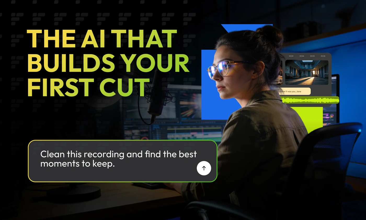 A four-card alternative route shot in a dark edit suite: the AI that builds your first cut; tell Eva what you need; your first cut is already done; your best clips, already found — each with the prompt that produced it.