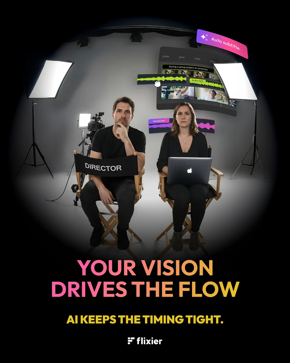 A four-post series shot through a fisheye on a lit set, a director and an editor seated side by side: Your vision drives the flow — AI keeps the timing tight, AI sharpens the visuals, AI gives your story a voice, AI keeps the sound clear.