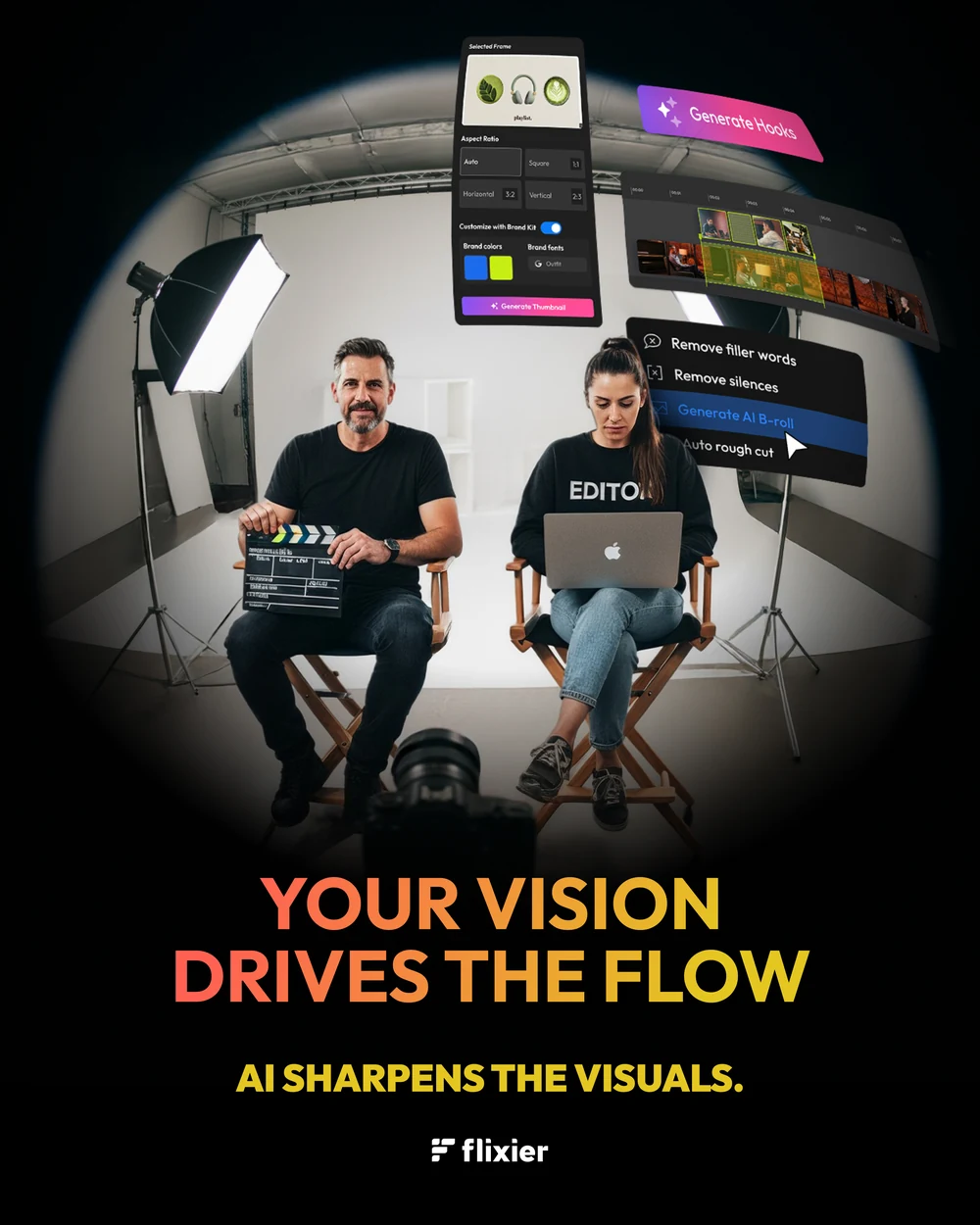 A four-post series shot through a fisheye on a lit set, a director and an editor seated side by side: Your vision drives the flow — AI keeps the timing tight, AI sharpens the visuals, AI gives your story a voice, AI keeps the sound clear.