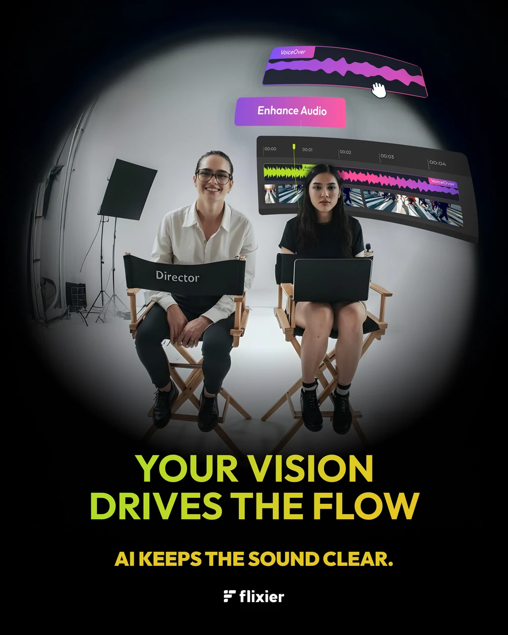 A four-post series shot through a fisheye on a lit set, a director and an editor seated side by side: Your vision drives the flow — AI keeps the timing tight, AI sharpens the visuals, AI gives your story a voice, AI keeps the sound clear.
