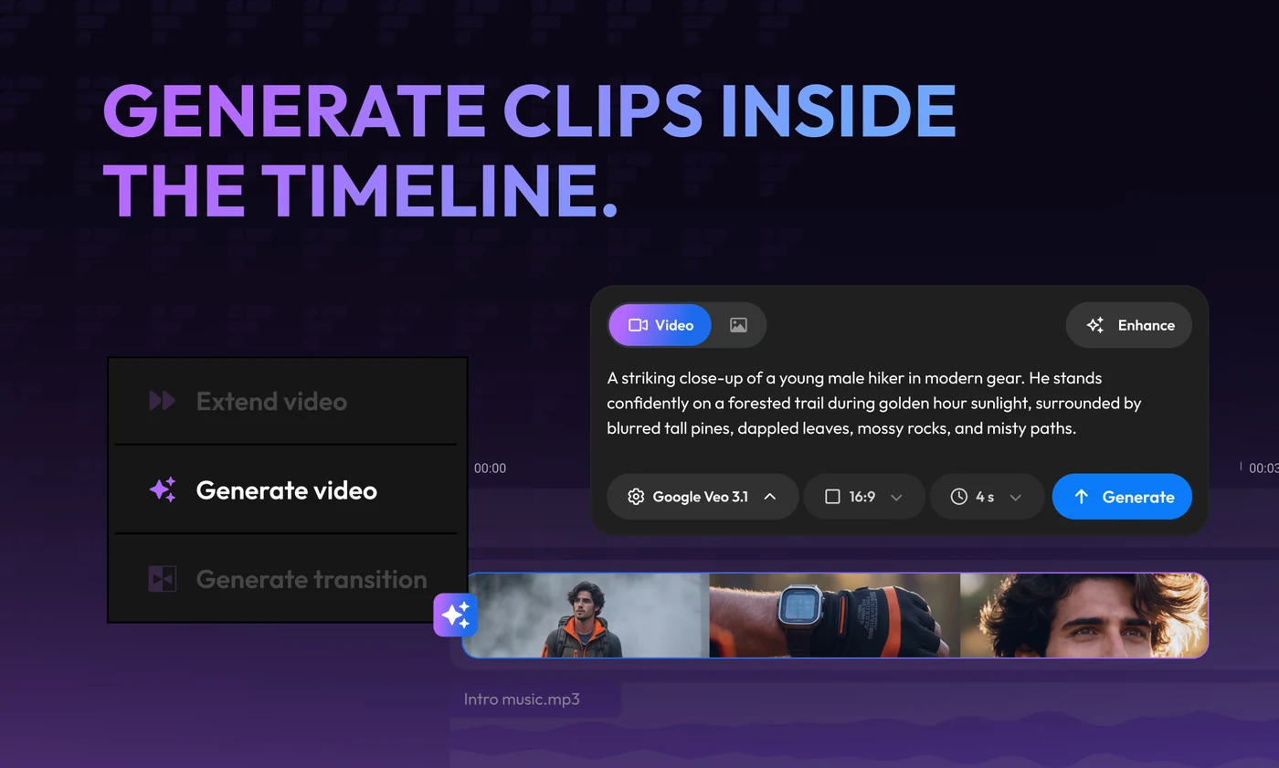 A three-card violet carousel: generate clips inside the timeline; extend scenes without leaving the edit; generate transitions between clips — each showing the same Extend, Generate and Transition menu with a different item active.