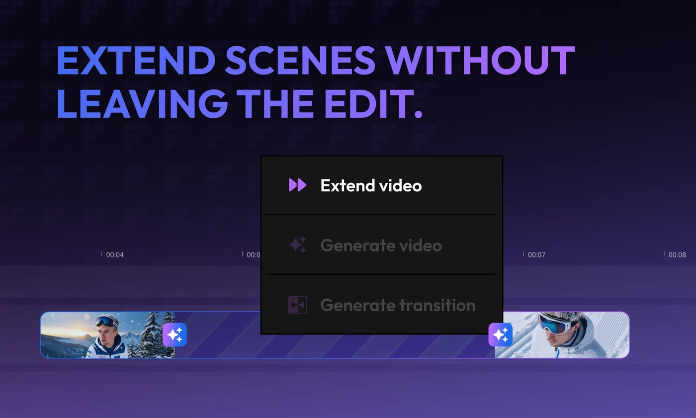 A three-card violet carousel: generate clips inside the timeline; extend scenes without leaving the edit; generate transitions between clips — each showing the same Extend, Generate and Transition menu with a different item active.