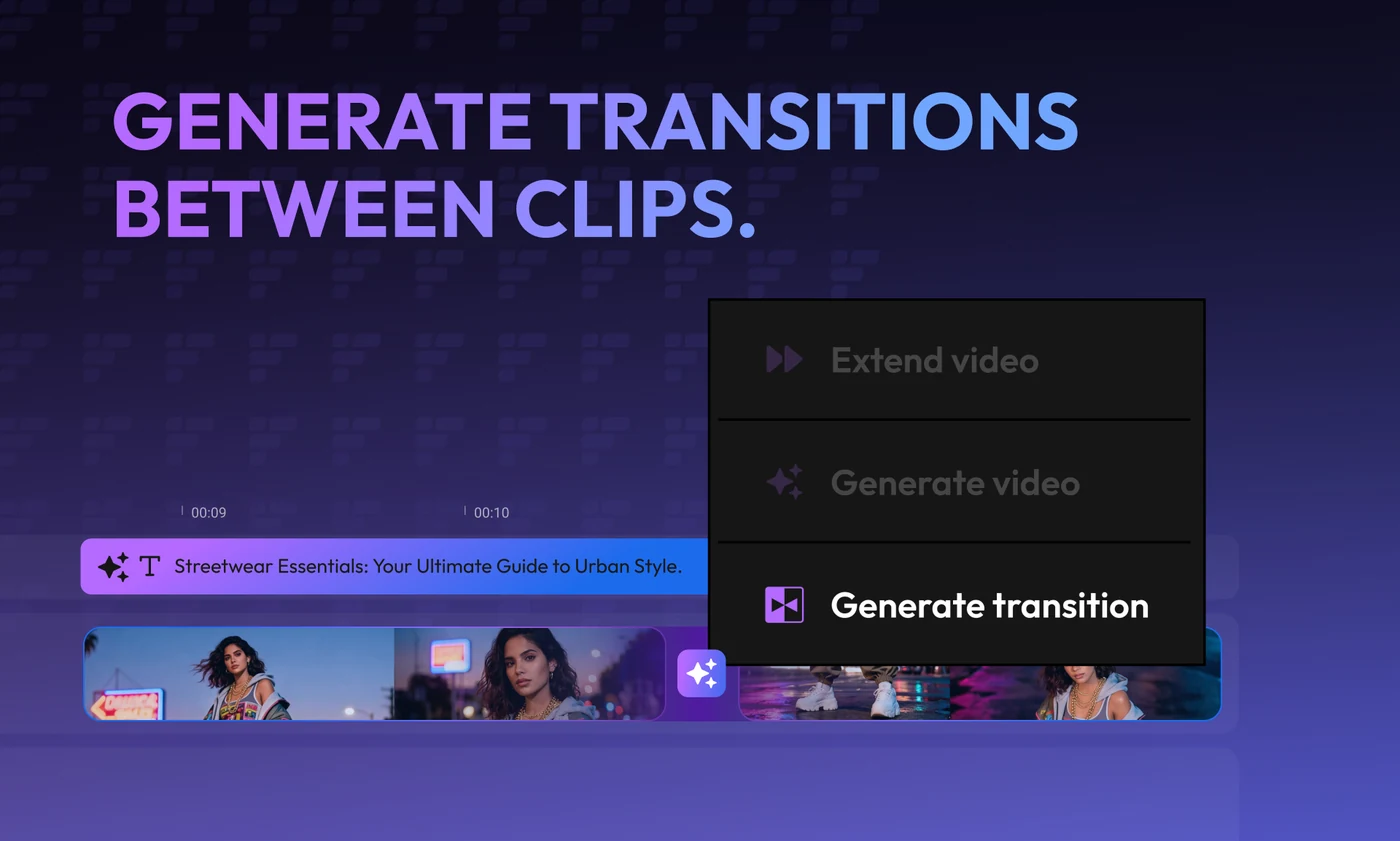 A three-card violet carousel: generate clips inside the timeline; extend scenes without leaving the edit; generate transitions between clips — each showing the same Extend, Generate and Transition menu with a different item active.