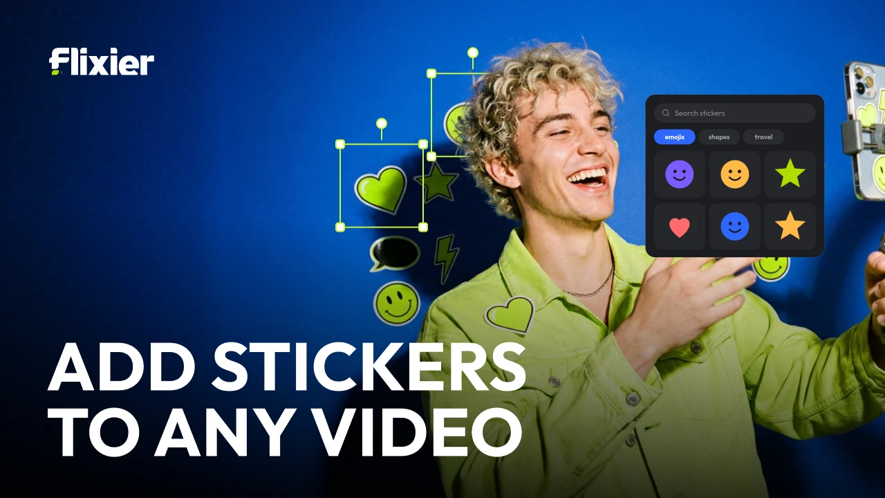 Twelve task thumbnails: add effects, add stickers, convert a TikTok video to MP4 or MP3, convert a video to any format, cut and trim audio online, extract the audio from a video, generate an image from text, make a stop-motion video, replace a green screen background, turn a blog post into a video, turn a video into a GIF, turn a YouTube video into a reel.