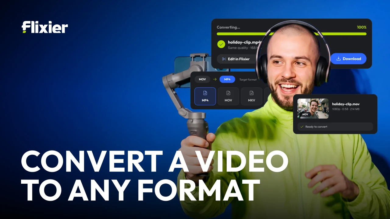 Twelve task thumbnails: add effects, add stickers, convert a TikTok video to MP4 or MP3, convert a video to any format, cut and trim audio online, extract the audio from a video, generate an image from text, make a stop-motion video, replace a green screen background, turn a blog post into a video, turn a video into a GIF, turn a YouTube video into a reel.