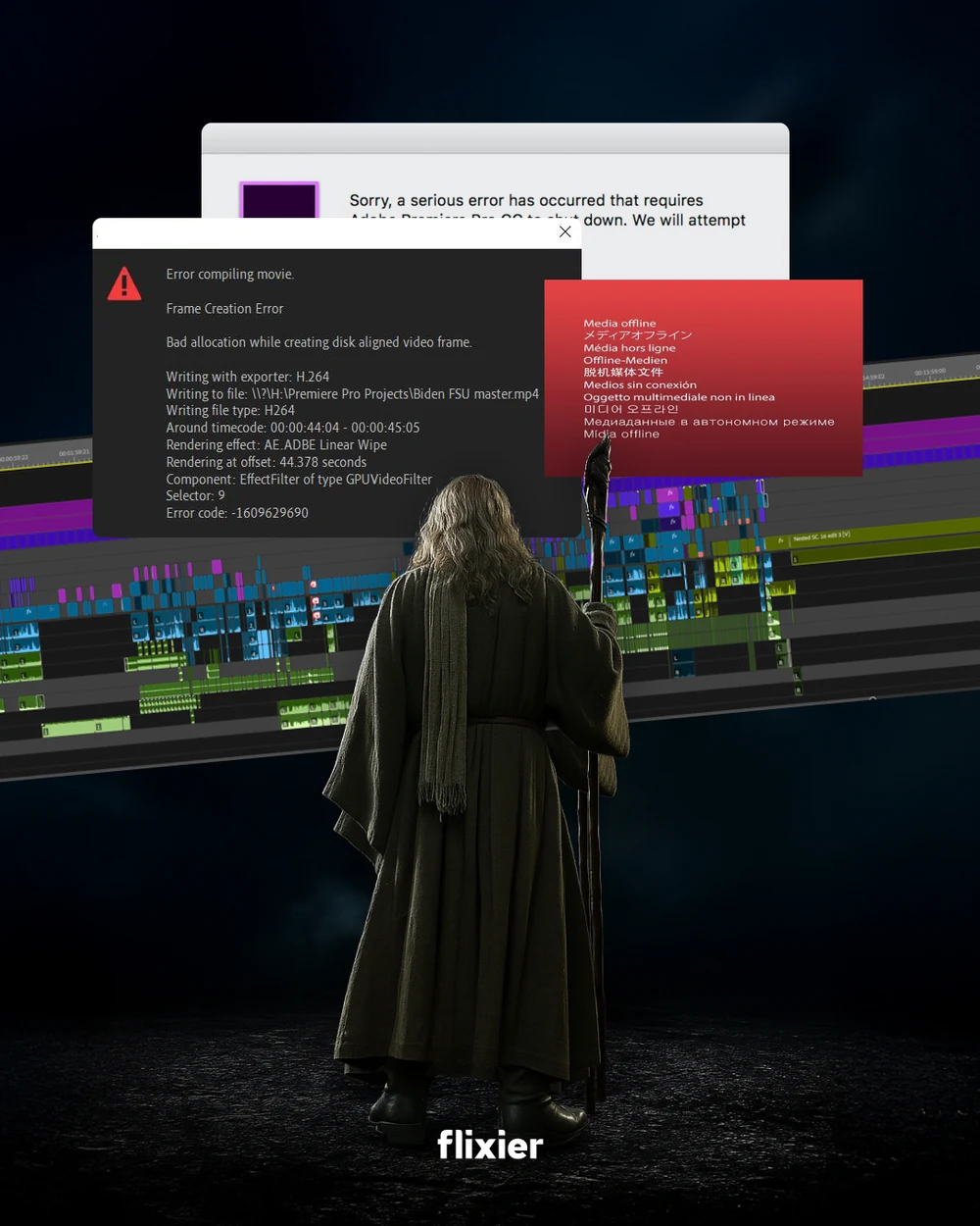 Six reaction posts: You shall not… scrub, a wizard facing a wall of render errors; and an Office-style grid reacting to AI text editing, each leaving a slot for an interactive GIF.