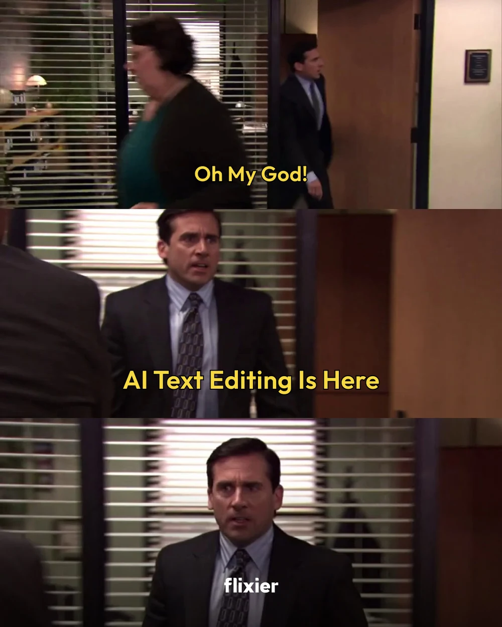 Six reaction posts: You shall not… scrub, a wizard facing a wall of render errors; and an Office-style grid reacting to AI text editing, each leaving a slot for an interactive GIF.