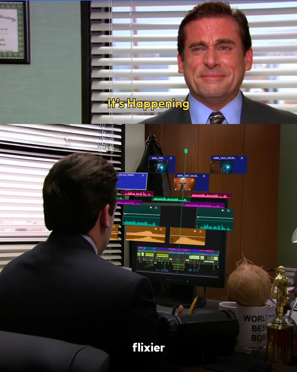 Six reaction posts: You shall not… scrub, a wizard facing a wall of render errors; and an Office-style grid reacting to AI text editing, each leaving a slot for an interactive GIF.