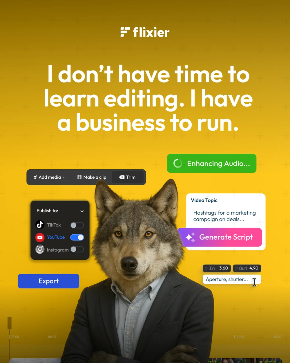 An eight-post campaign of animal portraits in tailoring, one complaint each: I don’t have time to learn editing, I have a business to run; I don’t have time or budget to wait on a freelancer; why do our videos still feel off-brand; why does a 30-second clip take three days; my laptop crashes before I even finish the lesson; I spend more time editing than teaching; my laptop sounds like it’s dying every time I render; it shouldn’t take three apps to post one video.