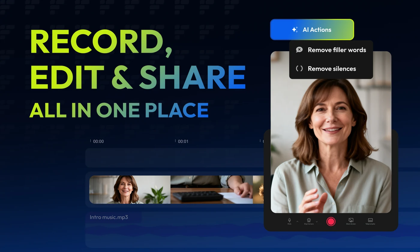 A four-card cobalt carousel: record, edit and share all in one place; record with a built-in teleprompter; fix mistakes and edit without re-recording; switch layouts without starting over.