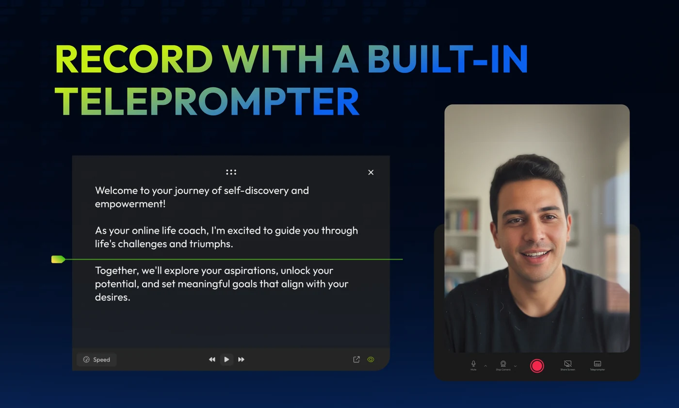 A four-card cobalt carousel: record, edit and share all in one place; record with a built-in teleprompter; fix mistakes and edit without re-recording; switch layouts without starting over.
