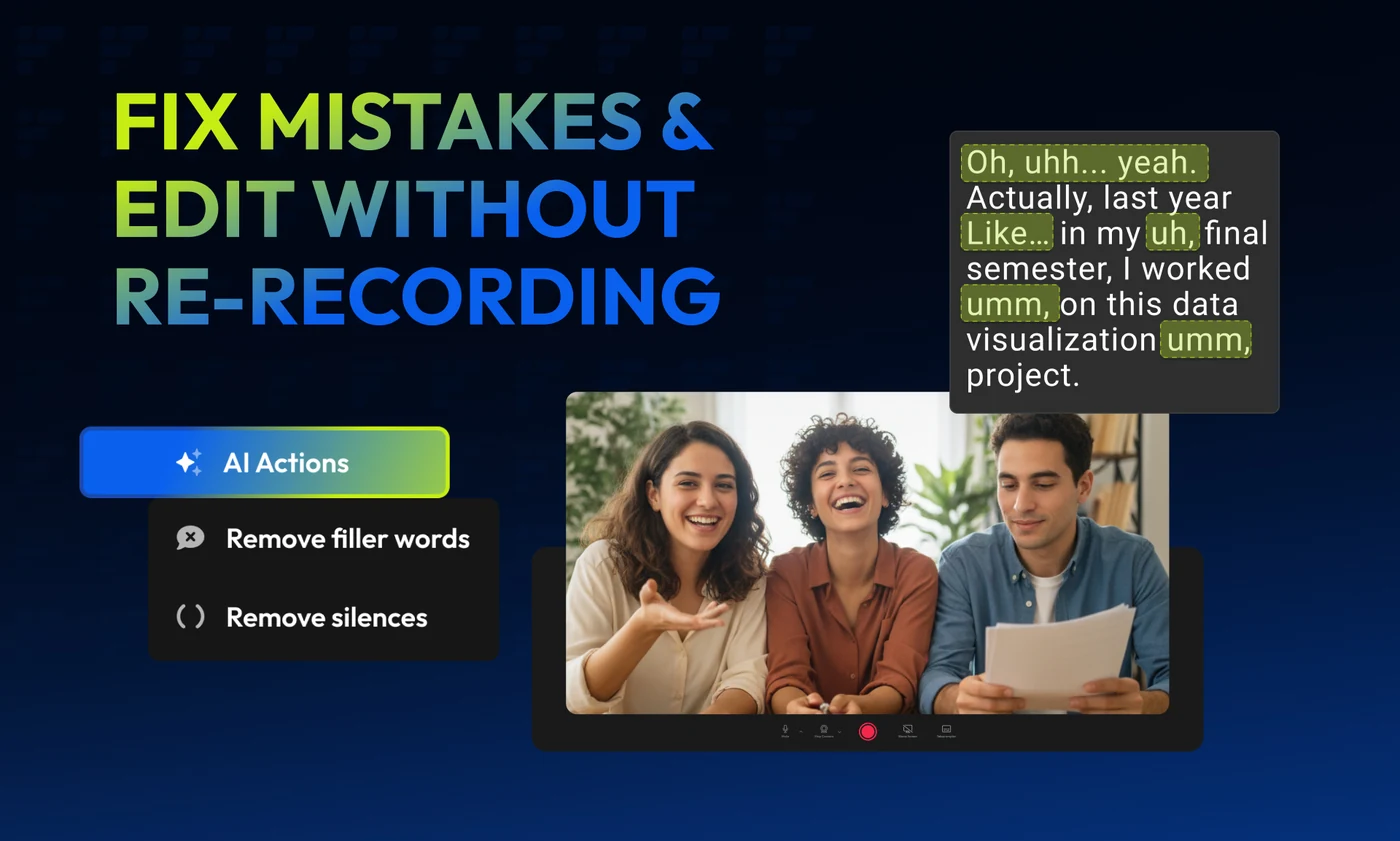 A four-card cobalt carousel: record, edit and share all in one place; record with a built-in teleprompter; fix mistakes and edit without re-recording; switch layouts without starting over.
