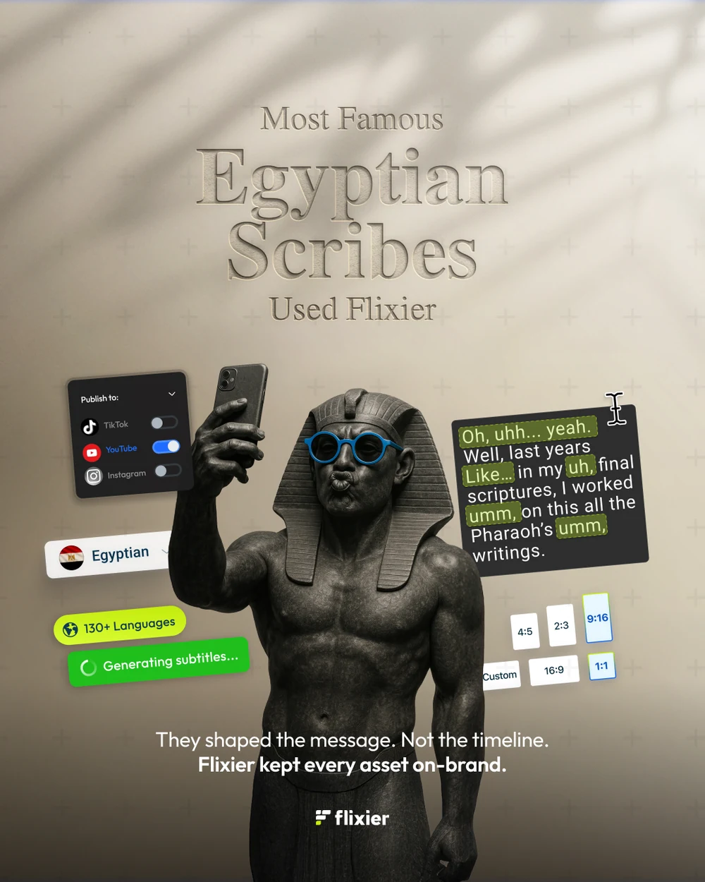 A four-post series: Most Famous Egyptian Scribes, Greek Philosophers, Roman Gladiators and Venetian Traders Used Flixier — statues holding phones in sunglasses, with the editor’s panels around them.