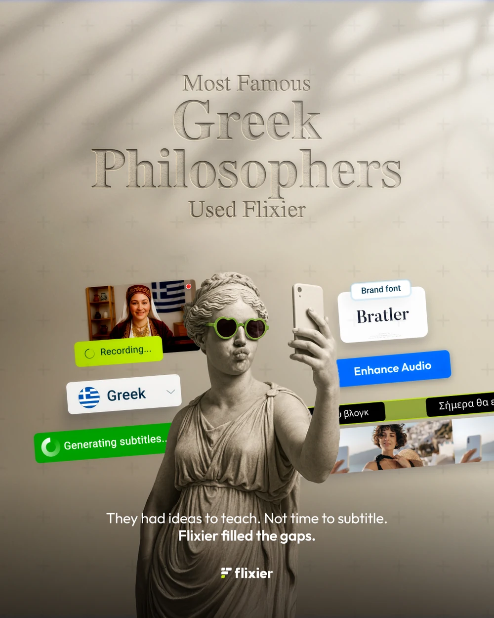A four-post series: Most Famous Egyptian Scribes, Greek Philosophers, Roman Gladiators and Venetian Traders Used Flixier — statues holding phones in sunglasses, with the editor’s panels around them.