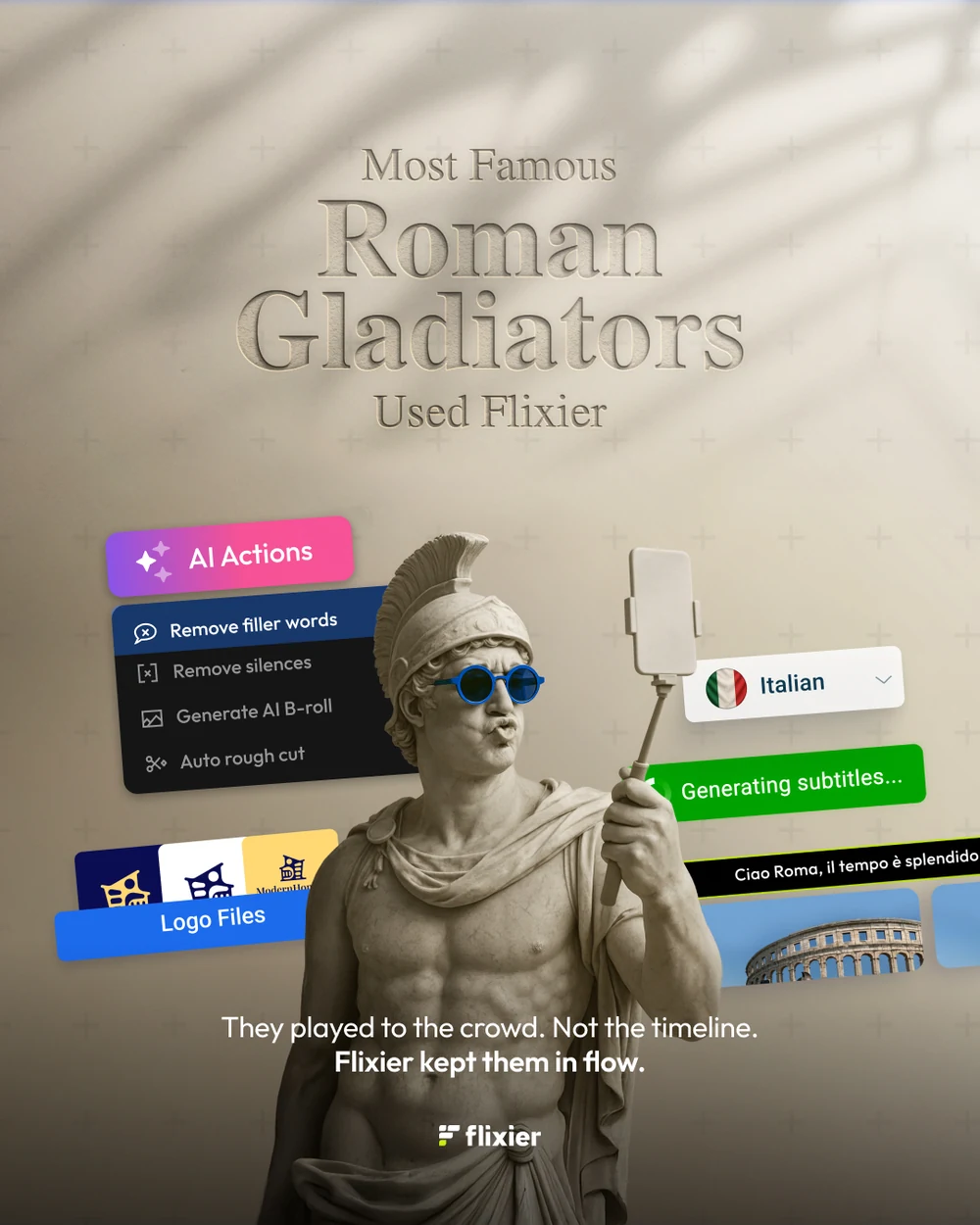 A four-post series: Most Famous Egyptian Scribes, Greek Philosophers, Roman Gladiators and Venetian Traders Used Flixier — statues holding phones in sunglasses, with the editor’s panels around them.