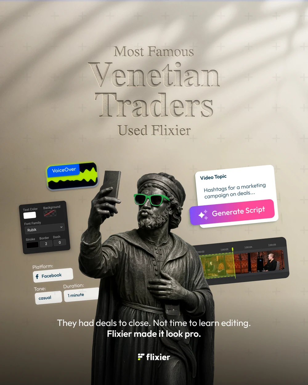 A four-post series: Most Famous Egyptian Scribes, Greek Philosophers, Roman Gladiators and Venetian Traders Used Flixier — statues holding phones in sunglasses, with the editor’s panels around them.