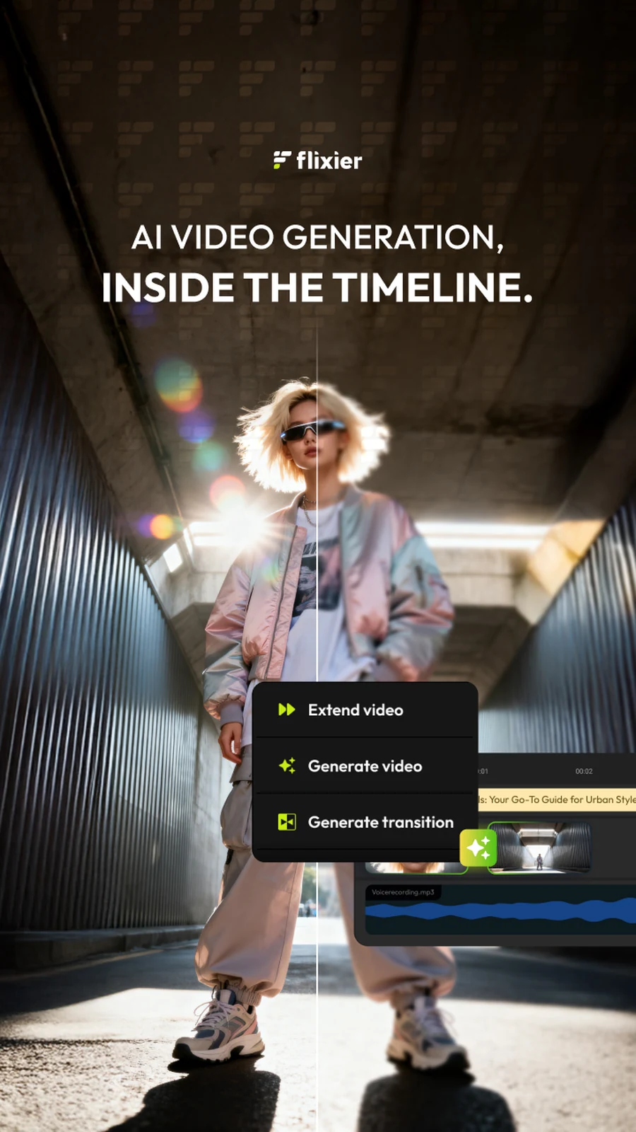 Six vertical posts on generation inside the timeline: AI video generation inside the timeline; if it’s not in the timeline it’s not finished; AI clips are easy, finishing videos isn’t; generate, extend and connect videos inside the timeline; extend from the last frame; generate from any frame.