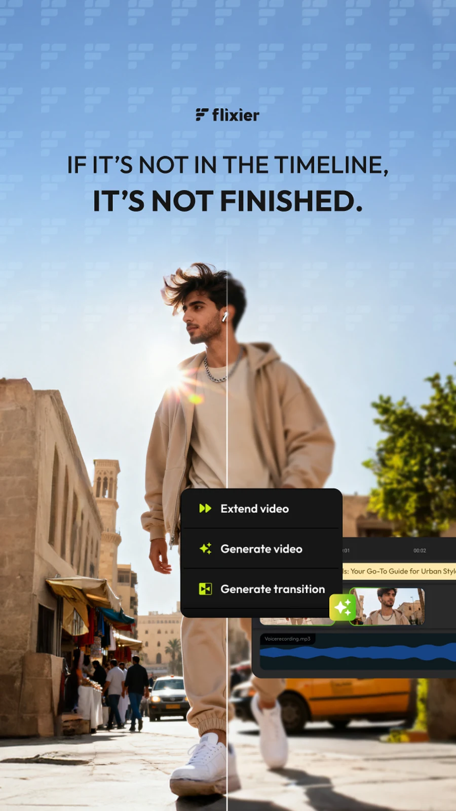 Six vertical posts on generation inside the timeline: AI video generation inside the timeline; if it’s not in the timeline it’s not finished; AI clips are easy, finishing videos isn’t; generate, extend and connect videos inside the timeline; extend from the last frame; generate from any frame.