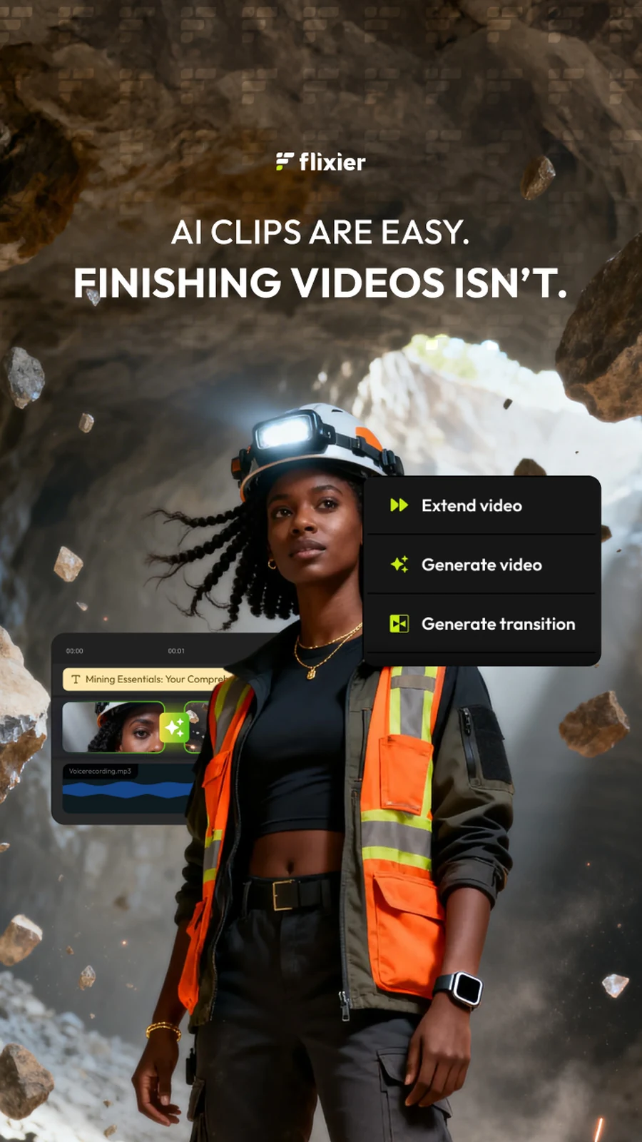 Six vertical posts on generation inside the timeline: AI video generation inside the timeline; if it’s not in the timeline it’s not finished; AI clips are easy, finishing videos isn’t; generate, extend and connect videos inside the timeline; extend from the last frame; generate from any frame.