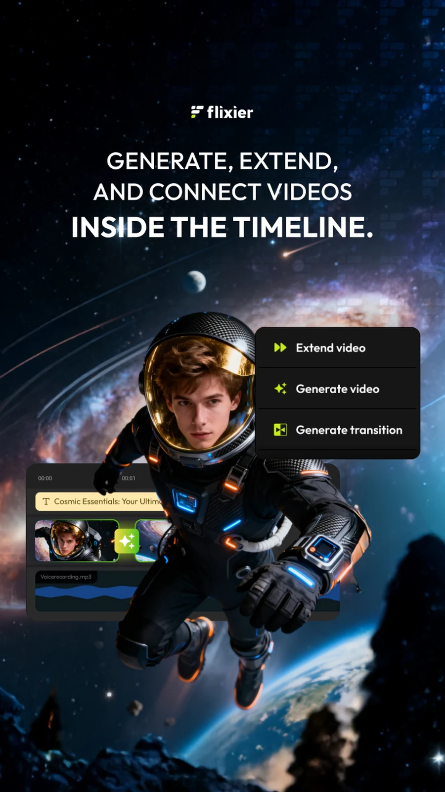 Six vertical posts on generation inside the timeline: AI video generation inside the timeline; if it’s not in the timeline it’s not finished; AI clips are easy, finishing videos isn’t; generate, extend and connect videos inside the timeline; extend from the last frame; generate from any frame.