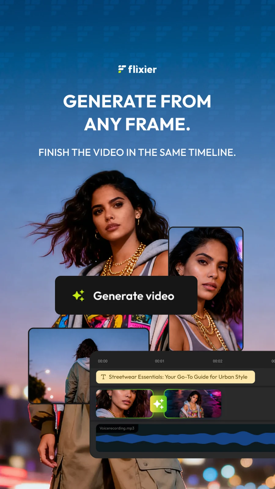 Six vertical posts on generation inside the timeline: AI video generation inside the timeline; if it’s not in the timeline it’s not finished; AI clips are easy, finishing videos isn’t; generate, extend and connect videos inside the timeline; extend from the last frame; generate from any frame.