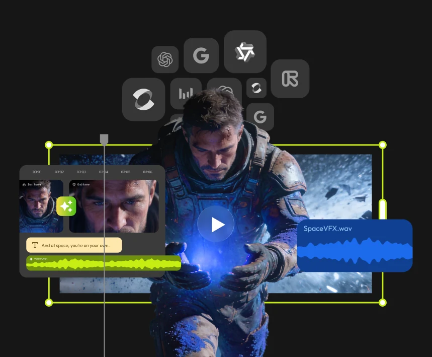Seven staged product surfaces: generating inside the timeline, making a clip, animation and trim controls, the start screen, the creation-type modal, the mobile header, and the full editor with the publish panel open.
